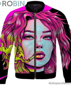 Cute Girl Smoking Joint Vector Art Pink Black Bomber Jacket