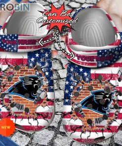 Football Crocs – Personalized Carolina Panthers American Flag Breaking Wall Clog Shoes Football Crocs – Personalized Carolina Panthers American Flag Breaking Wall Clog Shoes