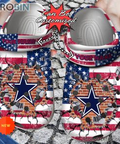 Football Crocs – Personalized Dallas Cowboys American Flag Breaking Wall Clog Shoes