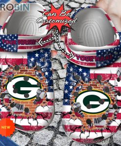 Football Crocs – Personalized Green Bay Packers American Flag Breaking Wall Clog Shoes
