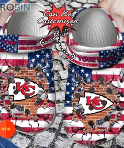 Football Crocs – Personalized Kansas City Chiefs American Flag Breaking Wall Clog Shoes