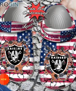 Football Crocs – Personalized Las Vegas Raiders American Flag Breaking Wall Clog Shoes