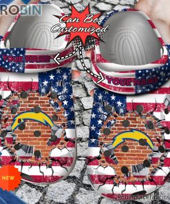 Football Crocs – Personalized Los Angeles Chargers American Flag Breaking Wall Clog Shoes