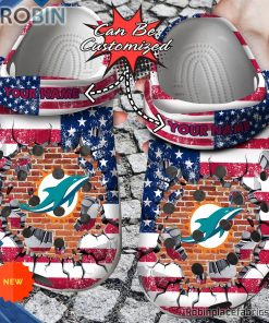 Football Crocs – Personalized Miami Dolphins American Flag Breaking Wall Clog Shoes