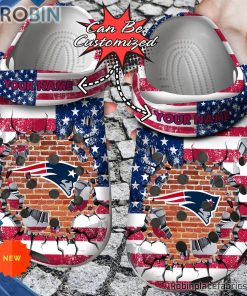 Football Crocs – Personalized New England Patriots American Flag Breaking Wall Clog Shoes