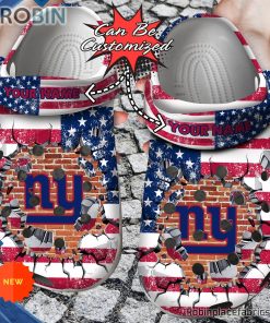Football Crocs – Personalized New York Giants American Flag Breaking Wall Clog Shoes