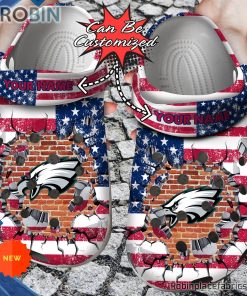 Football Crocs – Personalized Philadelphia Eagles American Flag Breaking Wall Clog Shoes