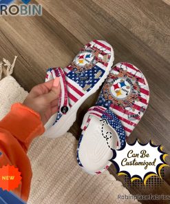 Football Crocs – Personalized Pittsburgh Steelers American Flag Breaking Wall Clog Shoes