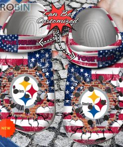 Football Crocs – Personalized Pittsburgh Steelers American Flag Breaking Wall Clog Shoes