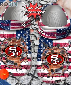 Football Crocs – Personalized San Francisco 49ers American Flag Breaking Wall Clog Shoes