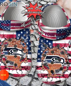 Football Crocs – Personalized Seattle Seahawks American Flag Breaking Wall Clog Shoes