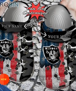 Football Crocs – Personalized Us Flag Las Vegas Raiders Cross Stitch Camo Pattern Clog Shoes
