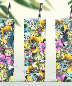Halloween Funky Scary Zombies Faces Doodle Pattern Skinny Tumbler