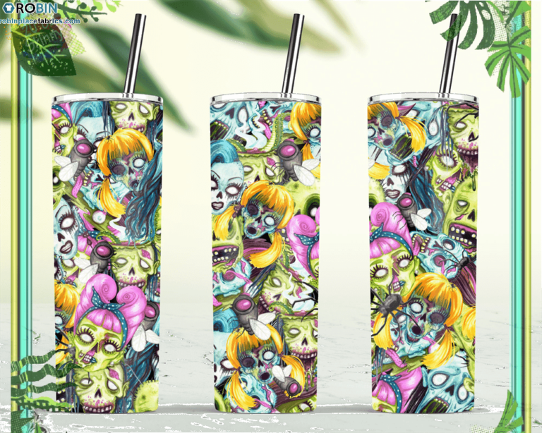 Halloween Funky Scary Zombies Faces Doodle Pattern Skinny Tumbler