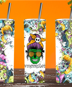 Halloween Momster Skull Messy Bun Hair Skinny Tumbler