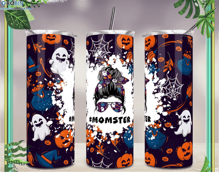 Halloween Pumpkin Momster Mom Bun Hair Skinny Tumbler