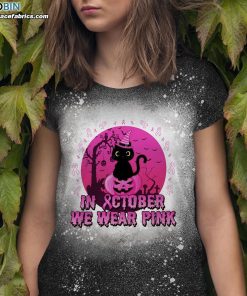 in october we wear pink black cat halloween bleached t shirt breast cancer bleached shirt 1 v4AUw