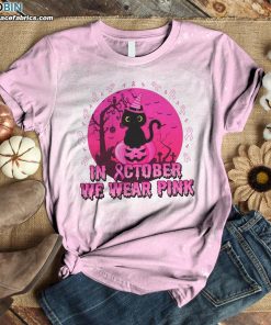In October We Wear Pink Black Cat Halloween Bleached T-Shirt – Breast Cancer Bleached Shirt