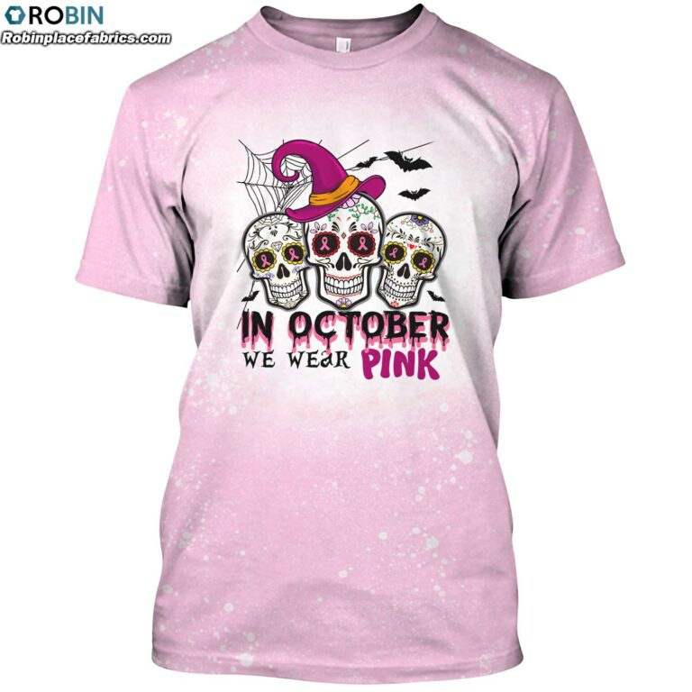 In October We Wear Pink Pumpkin Breast Cancer Sugar Skull Bleached T-Shirt