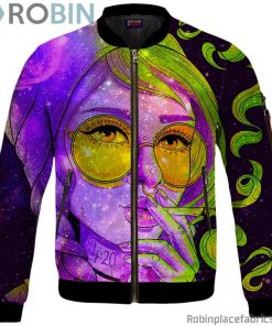 Marijuana Girl Smoking Joint Trippy 420 Art Bomber Jacket