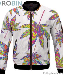 Marijuana Leaf Rainbow Colors All Over Print White Awesome Bomber Jacket
