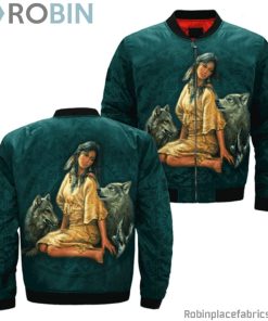 Native American Girl And Her Wolves Bomber Jacket