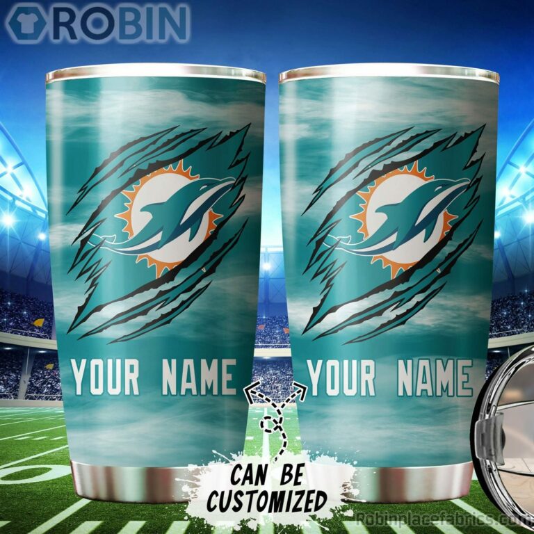 Personalized Name & Logo Miami Dolphins Football Ripped Claw Tumbler