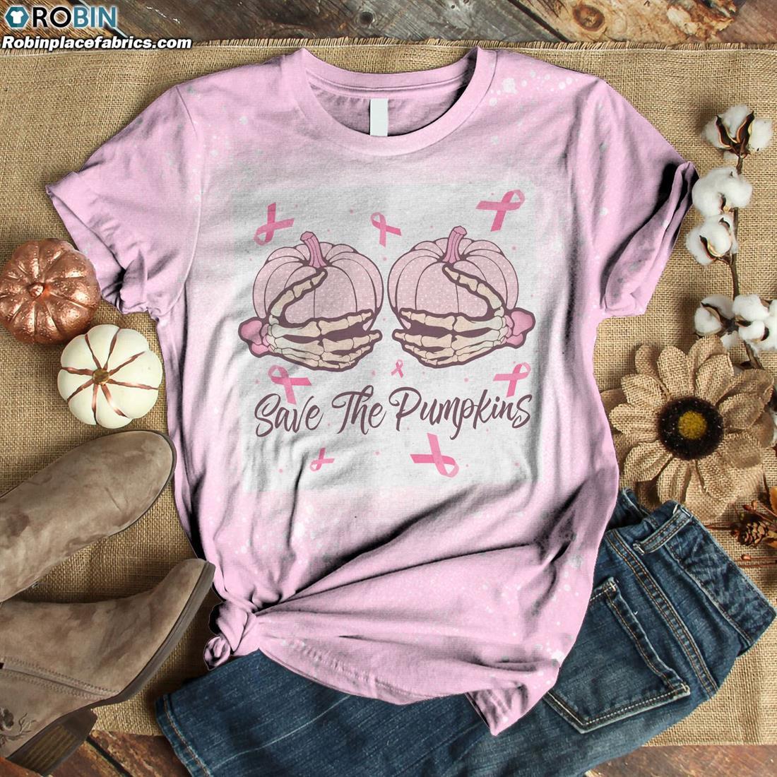 Save The Pumpkins Bleached T-Shirt - Pink Ribbon Bleached Shirt ...