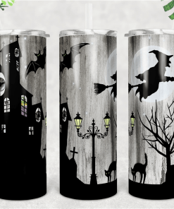 Skinny Tumbler Haunted House Halloween Straight Warped Design Tumblers
