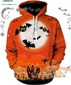 Bat Moon Castle Halloween Orange 3D All-Over Print Unisex Hoodie