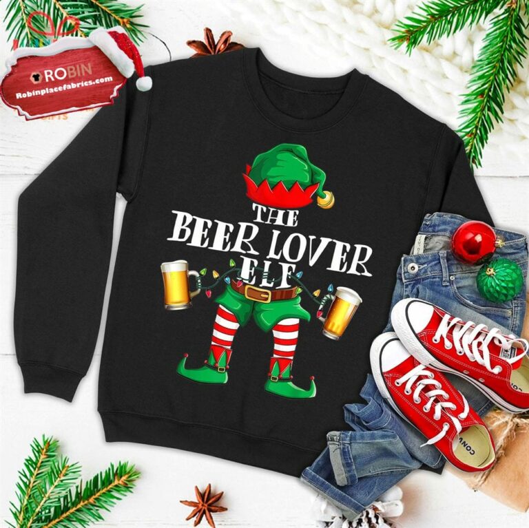 Beer Lover Elf Matching Christmas Family Group Gift Funny Ugly Christmas Sweatshirt