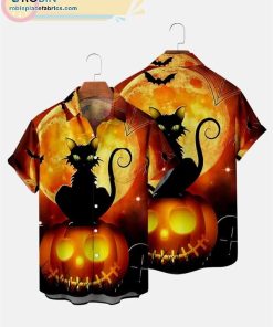 Black cat and pumpkin Short Sleeve Hawaiian Shirts Collar Vintage Shirts