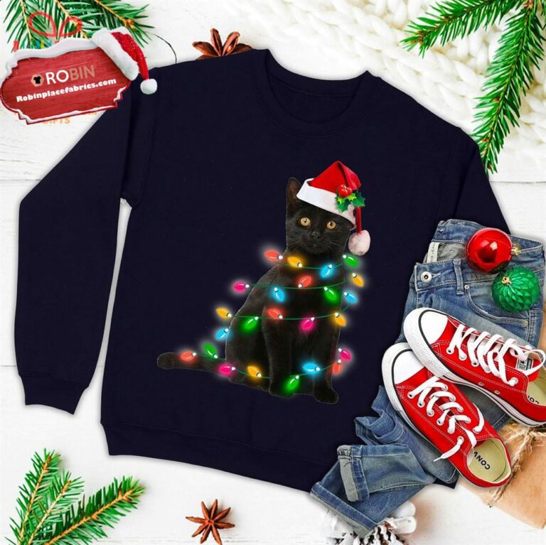 Black Cat Christmas Light Tshirt Funny Cat Lover Christmas Ugly Christmas Sweatshirt