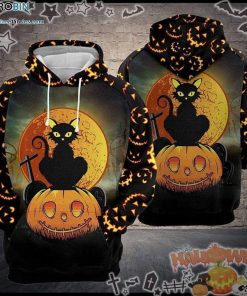 Black Cat Evil Pumpkin Halloween Black 3D All-Over Print Unisex Hoodie