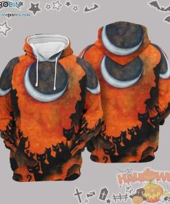 Black Cat Half Moon Halloween Orange 3D All-Over Print Unisex Hoodie