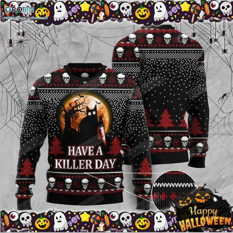 Black Cat Halloween Have A Killer Day Black Red Ugly Sweater