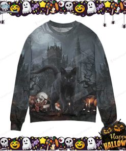 Black Cat In Spooky Halloween Ugly Sweater