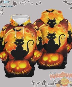 Black Cat Moon Pumpkin Halloween Orange 3D All-Over Print Unisex Hoodie