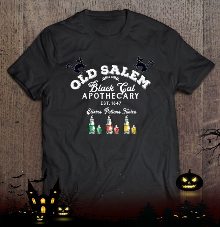 Black Cat Old Salem Apothecary Co Est Company Sign Witch Fun Shirt