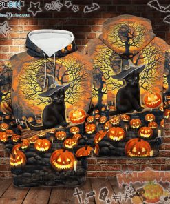 Black Cat On Pumpkin Feild Halloween Orange Black 3D All-Over Print Unisex Hoodie
