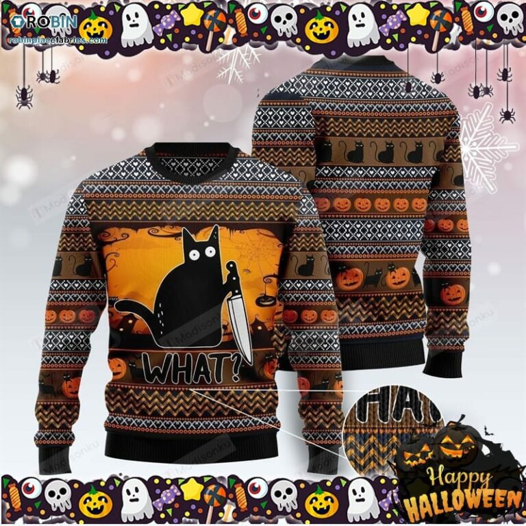 Black Cat What Funny Halloween Ugly Sweater