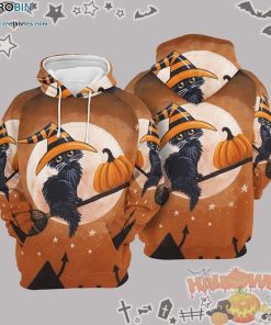 Broom Riding Black Cat Halloween Orange 3D All-Over Print Unisex Hoodie