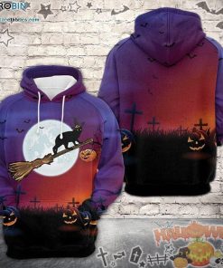 Broomstick Riding Black Cat Halloween Colorful 3D All-Over Print Unisex Hoodie