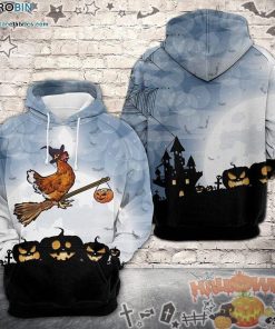 Broomstick Riding Chicken Halloween Blue 3D All-Over Print Unisex Hoodie