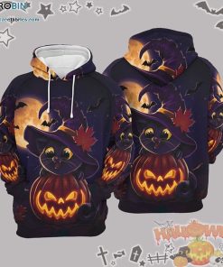 Cute Baby Black Kitty Evil Pumpkin Halloween Dark Purple 3D All-Over Print Unisex Hoodie
