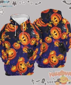 Cute Black Cat Pumkin Halloween Purple 3D All-Over Print Unisex Hoodie