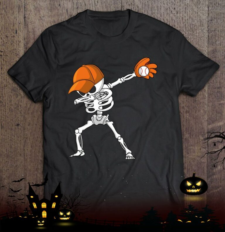 Dabbing Skeleton Baseball Halloween Player Catcher Pitcher Shirt
