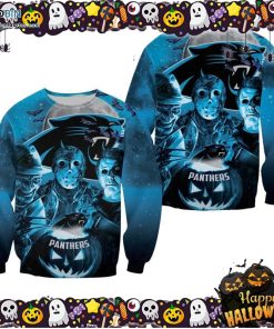 Freddy Jason Michael Myers Loves Carolina Panthers Pumpkin Head Halloween Ugly Sweater