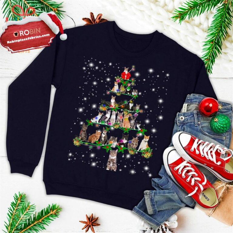 Funny Cats Christmas Tree Tee Ornament Decor Gift Ugly Christmas Sweatshirt