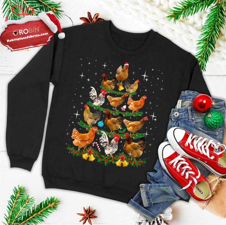 Funny Chickens Christmas Tree Tee Ornament Decor Gift Ugly Christmas Sweatshirt